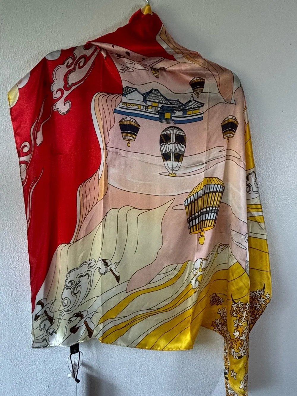 Silk Silky Vibrant Hot Air Balloon, Bird & Flower Print Scarf Red, Yellow & Pink